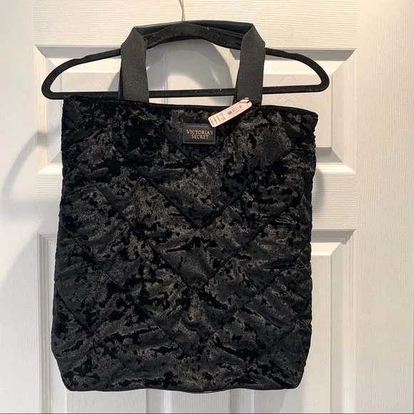 NWT Victoria's Secret Black Crushed Velvet Tote Bag - Picture 1 of 7